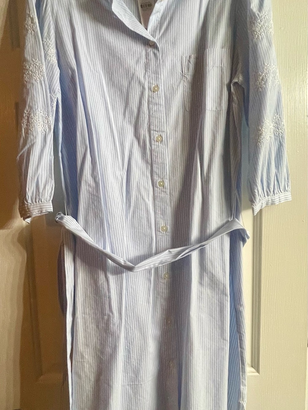 LOFT Light Blue and White Striped Shirt Dress with Tie Belt